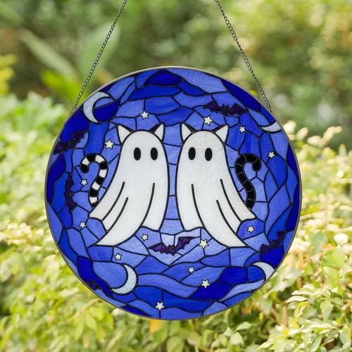 Cat Ear Ghost Figures Twilight Sky - Home Decor Gift for Ghost Lover Stained Glass Suncatcher
