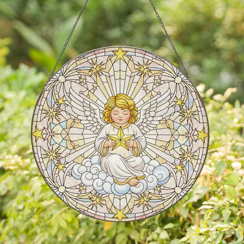 Celestial Angel Radiant Star Cloud - Peaceful Nursery Decor Gift for New Parents Stained Glass Suncatcher