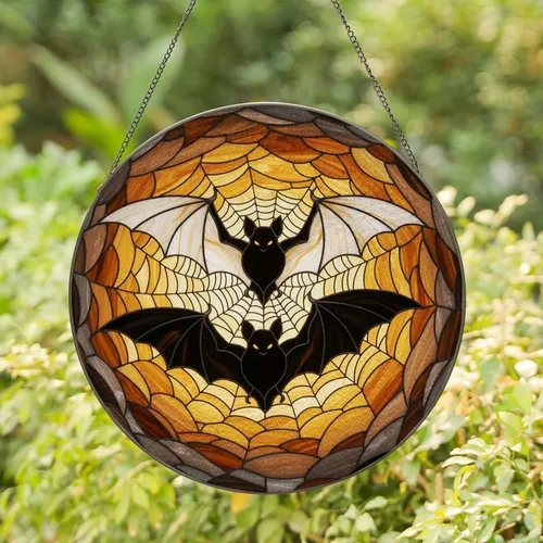 Two Dark Bats Curving Spiderweb Swirling Sunset Sky - Home Decor Gift for Bat Lover Stained Glass Suncatcher