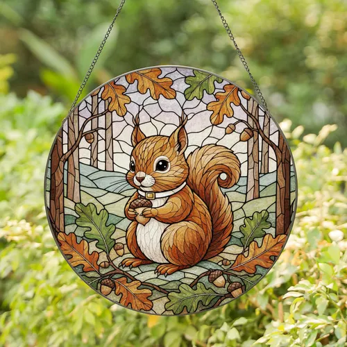 Baby Squirrel Acorn Oak Leaves - Wildlife Lover Home Decor Gift Stained Glass Suncatcher
