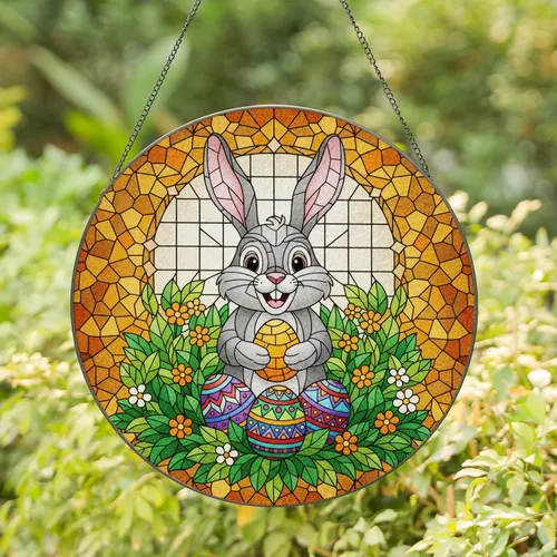 Gray Rabbit Easter Egg Leaf Floral - Easter Celebration Gift Stained Glass Suncatcher