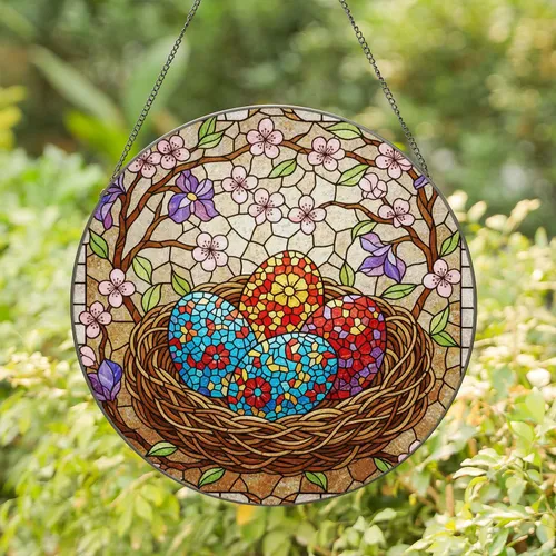 Bird's Nest Easter Eggs Flowering Branches - Easter Gift Stained Glass Suncatcher