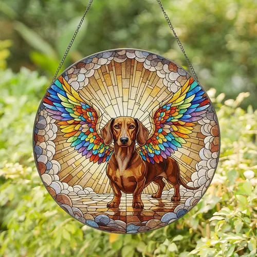 Dachshund Dog Feathered Wings Light Rays Swirling Clouds - Home Decor Gift for Dachshund Lovers Stained Glass Suncatcher