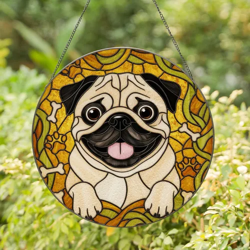 Pug Dog Paw Prints Bone Mosaic - Home Decor Gift for Dog Lovers Stained Glass Suncatcher
