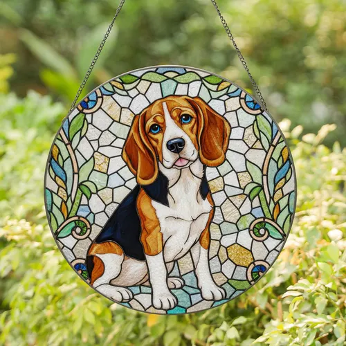 Sitting Beagle Dog Floppy Ears Pink Tongue Tilted Head - Dog Lover Home Decor Window Gift for Pet Owners Stained Glass Suncatcher