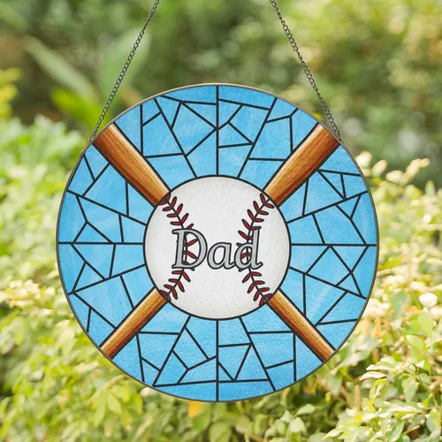 White Baseball Red Stitching Dad Amber Brown Bats Cross - Fathers Day Gift Stained Glass Suncatcher