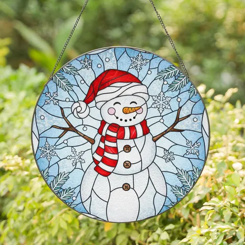 Cheerful Snowman Santa Hat Snowflakes Ice Crystal - Christmas Winter Home Decor Gift Stained Glass Suncatcher