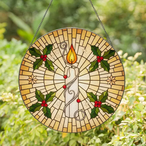 Glowing Candle Flame Red Berries Holly Stars Radiating Mosaic - Winter Home Decor Gift Stained Glass Suncatcher