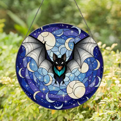 Black Bat in Flight White Wings Moon Stars Night Sky - Home Decor Gift for Bat Lover Stained Glass Suncatcher