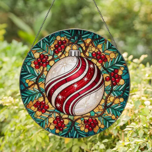 Christmas Ornament Starburst Red Berries Pine Needles - Holiday Home Decor Gift Stained Glass Suncatcher