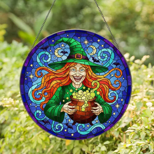 Green Hat Witch Cauldron Potion Moon Bats - Halloween Party Home Decor Gift Stained Glass Suncatcher