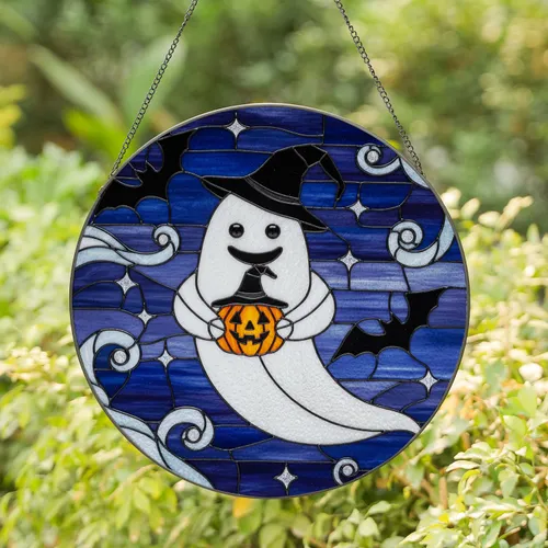 Friendly Ghost Jack-o'-Lantern Witch Hat Flying Bats Stars - Halloween Decor Gift Stained Glass Suncatcher