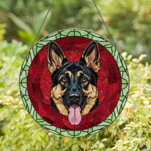 Black Tan German Shepherd Dog with Tongue Out Red Border - Home Decor Gift for Dog Lovers Stained Glass Suncatcher