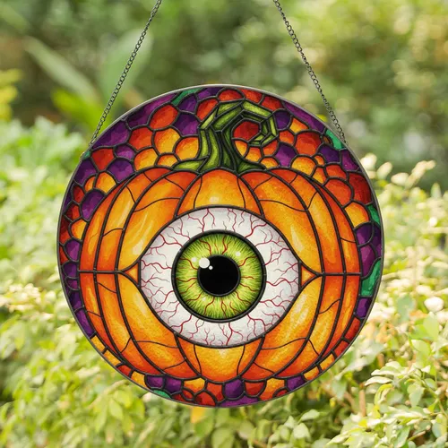 Segmented Orange Pumpkin Eyeball Swirling Bubbles - Halloween Decor for October Festivities Stained Glass Suncatcher