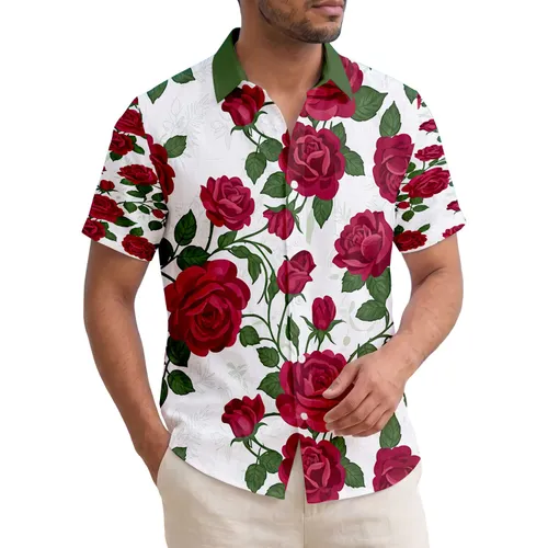 Red Roses Rosebuds Green Leaves All-Over Floral - Tropical Lifestyle Gift Hawaiian Shirt