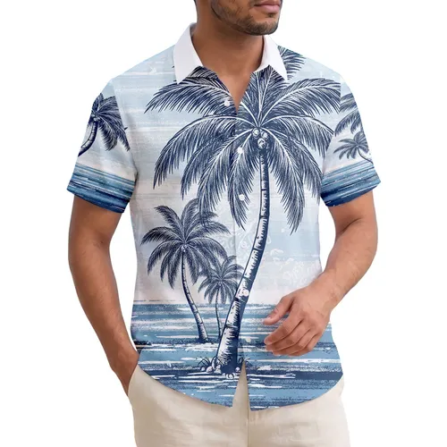 Curved Palm Tree Deep Blue Ocean Seabirds - Hawaiian Island Lifestyle Gift Hawaiian Shirt