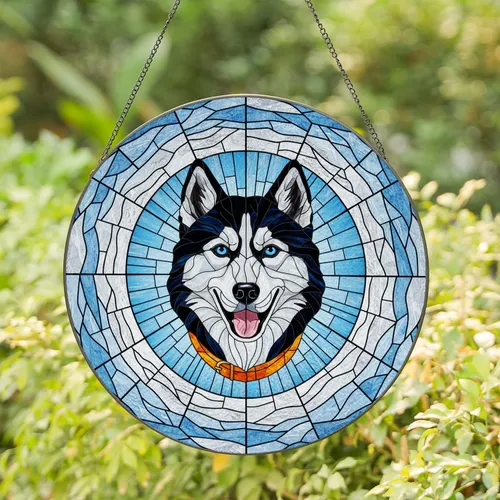 Siberian Husky Blue Eye Black White Fur Mosaic - Pet Home Decor Gift for Dog Lovers Stained Glass Suncatcher