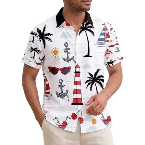Tropical Cocktail Glass Lighthouse Anchor Sailboat Palm Tree - Summer Holiday Travel Gift Hawaiian Shirt
