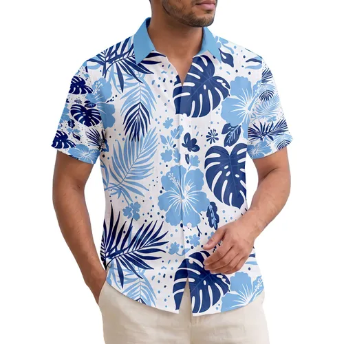 White Dark Blue Monstera Palm Hibiscus Tropical Leaf - Everyday Lifestyle Gift Hawaiian Shirt