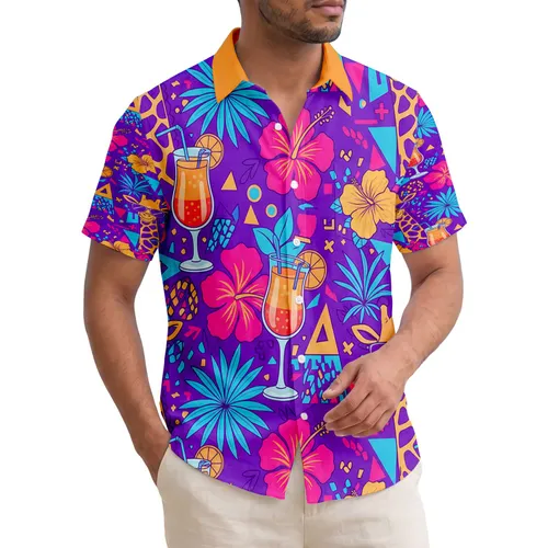Cartoon Giraffe Cocktail Tropical Palm Hibiscus - Summer Vacation Travel Gift for Giraffe Lover Hawaiian Shirt