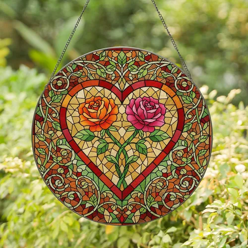 Blooming Orange Pink Roses Heart Intertwined Vines Leaves Scrollwork Botanical Decor Gift Stained Glass Suncatcher