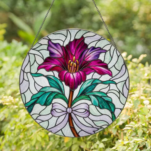Fuchsia Purple Flower Teal Green Leaves Lavender Ribbon - Home Decor Gift Stained Glass Suncatcher