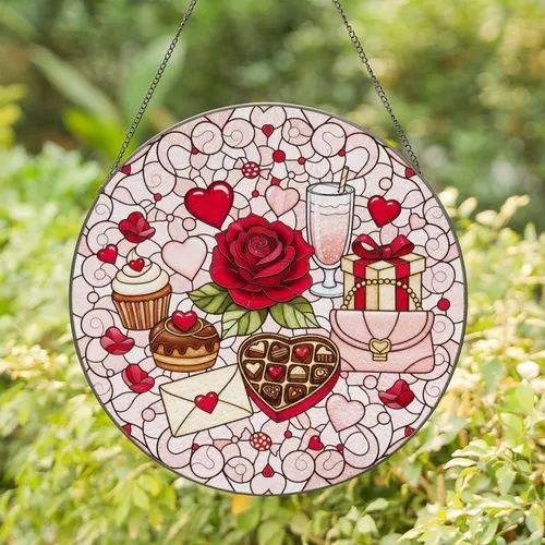 Rose Hearts Sweets Gifts Valentine Delights - Valentine's Day Gift for Her Stained Glass Suncatcher