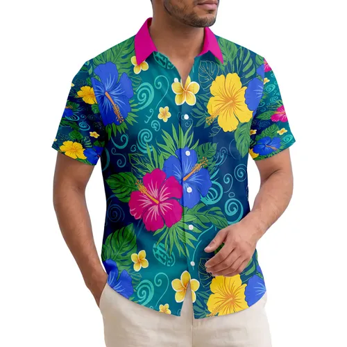 Fuchsia Hibiscus Golden Yellow Flowers Tropical Leaves Swirling Aqua Teal Water - Home Decor Gift Hawaiian Shirt