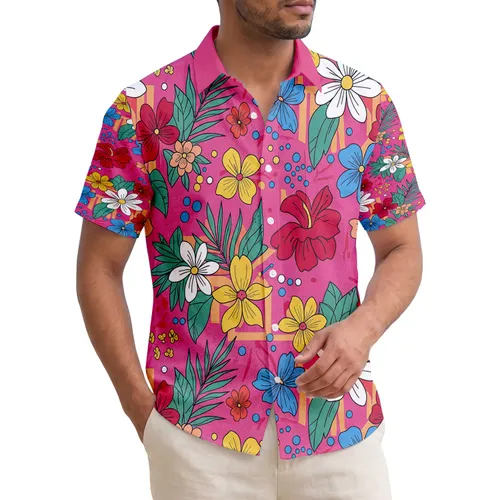 Tropical Flowers Leaves Dots Color-Block Accents - Everyday Lifestyle Gift Hawaiian Shirt