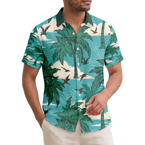 Lush Tropical Palm Trees Flying Birds Wavy Cloud Horizon - Vacation Home Decor Gift Hawaiian Shirt