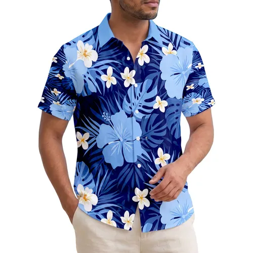 Blue Hibiscus Monstera Palm White Flowers - Tropical Home Decor Gift Hawaiian Shirt