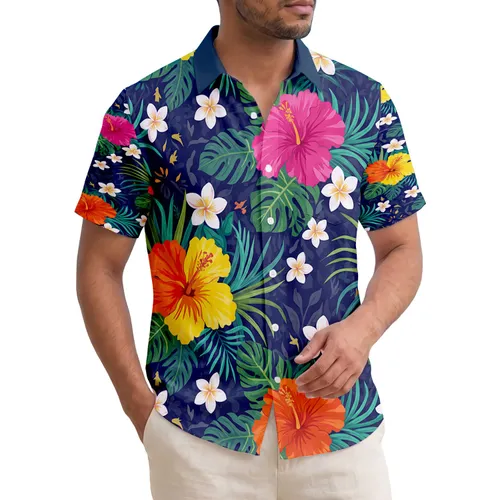 Vibrant Hibiscus Plumeria Blossoms Palm Fronds Tropical Leaves Everyday Lifestyle Gift Hawaiian Shirt