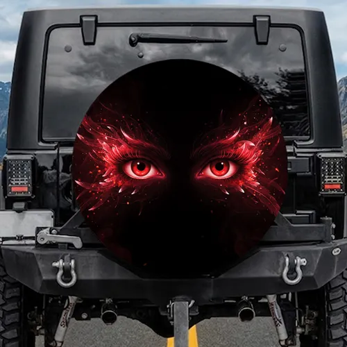 Piercing Red Eyes Feathered Eyelashes - Mystical Decor Gift for Fantasy Lover Spare Tire Cover