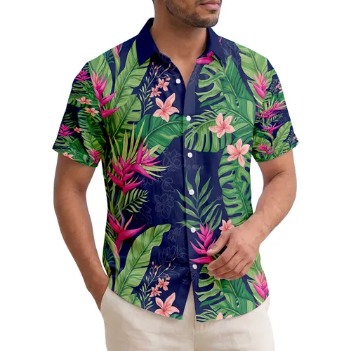 Banana Palm Monstera Heliconia Pink Tropical Blooms Deep Navy Background - Home Decor Gift Hawaiian Shirt