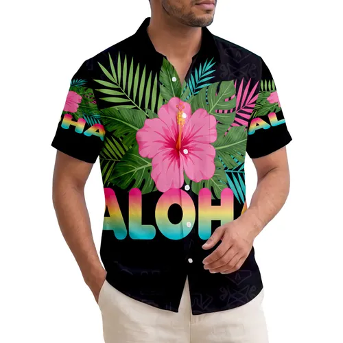 Pink Hibiscus Aloha Text Deep Green Leaves Palm Fronds - Island Lover Gift Hawaiian Shirt