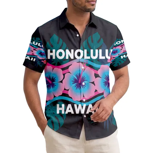Honolulu Hawaii Hibiscus Plumeria Monstera Palm Ocean Ripples - Island Travel Gift Hawaiian Shirt
