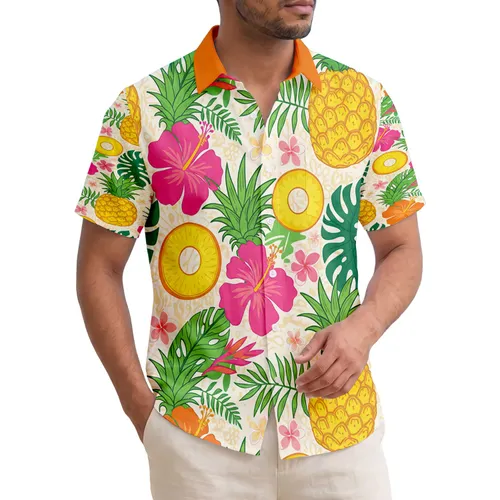 Pineapples Sliced Rings Hibiscus Palm Fronds - Summer Vacation Gift Hawaiian Shirt