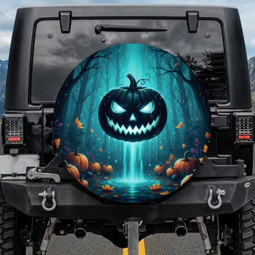 Menacing Black Jack-o'-Lantern Aqua Glowing Eyes Autumn Forest - Halloween Decor Spare Tire Cover