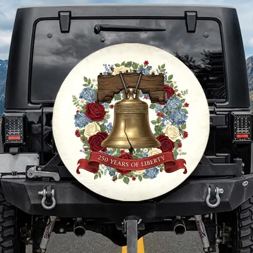 Antique Brass Liberty Bell Patriotic Floral Wreath - 250 Years Anniversary Gift Spare Tire Cover