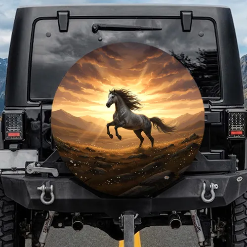 Dappled Grey Horse Leaping Wild Sunset Mountain Landscape - Horse Lover Gift Spare Tire Cover