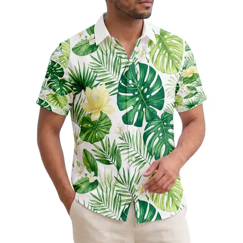 Variegated Tropical Leaves Palm Frond White Blossom Lotus Flowers - Home Decor Gift Hawaiian Shirt