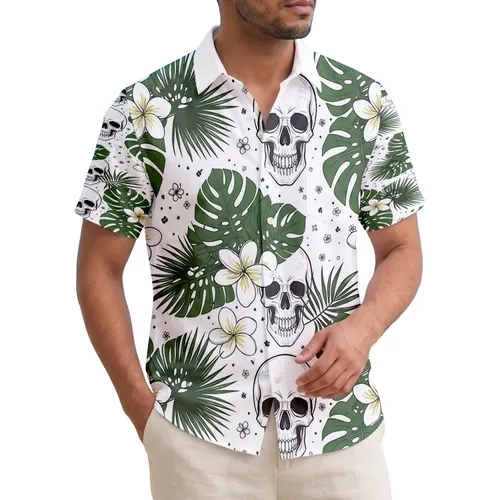 Skulls Monstera Plumeria Palm Tropical Lifestyle Gift for Skull Lover Hawaiian Shirt