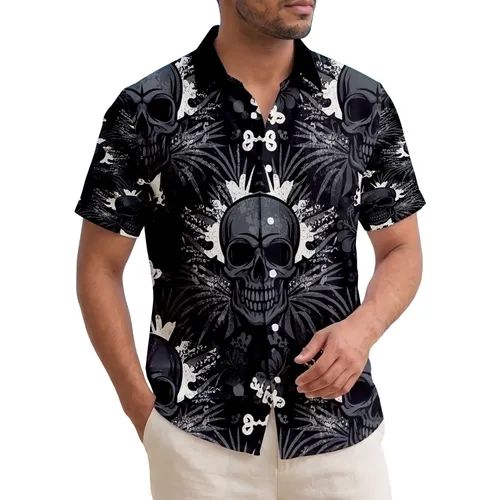 Menacing Skulls Tropical Foliage Grunge Splatter - Alternative Lifestyle Gift for Skull Lover Hawaiian Shirt