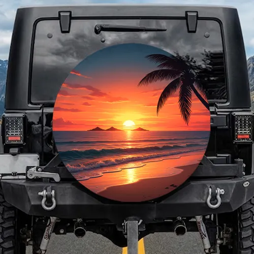 Tropical Beach Sunset Ocean Waves Island Palm Tree - Outdoor Adventure Gift Spare Tire Cover