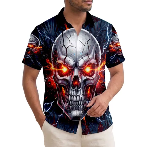 Aggressive Industrial Metallic Skull Mechanical Fractured Tropical Waves - Travel Essentials Gift Hawaiian Shirt