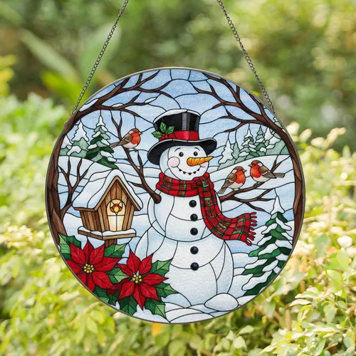 Snowman Robins Poinsettia Birdhouse Winter Landscape - Christmas Home Decor Gift Stained Glass Suncatcher