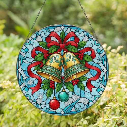 Golden Christmas Bells Holly Berries Red Ribbons Snowflakes - Christmas Home Decor Gift Stained Glass Suncatcher