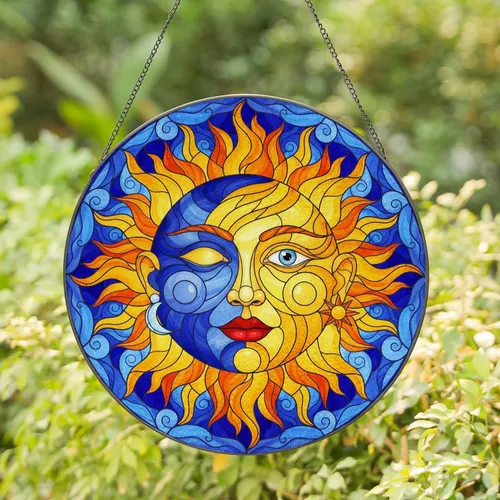Celestial Sun Moon Face Rays - Home Decor Gift for Celestial Lover Stained Glass Suncatcher