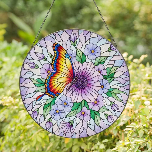 Magnificent Iridescent Butterfly Purple Flower Mosaic - Home Decor Gift for Garden Lover Stained Glass Suncatcher