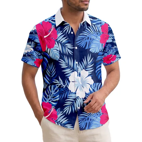 Navy Blue Hot Pink White Hibiscus Palm Frond Tropical Foliage - Home Decor Gift Hawaiian Shirt